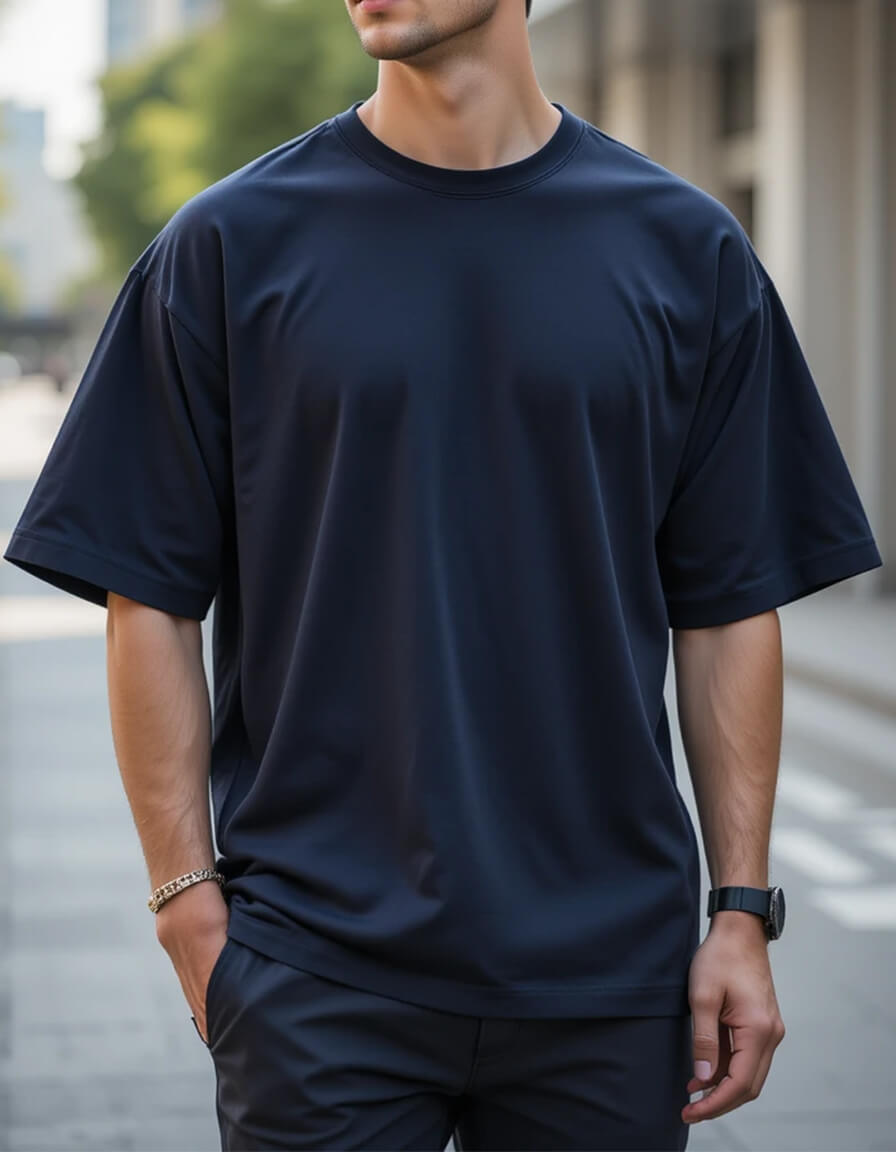 Navy Blue Cotton Thick Soft Textured Oversize Fit Basic Men's T-Shirt - 88377